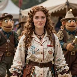detailed ultrarealistic photography medium shot of dnd fantasy festival rustic robust girl rogue warrior in muppet show pajama, gown leyendecker, norman rockwell, greg rutkowski, jim henson artstation cinematic, vray