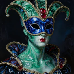 a portrait of a liquid porcelain malachite sapphire ruby model with a venetian carnival mask. night time. deep reflective green blue red tones. renaissance masterpiece. highly detailed sci - fi fantasy painting by norman rockwell, frank frazetta, johfra bosschart, and syd mead. rich colors, high contrast, dark background. artstation