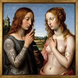 perfect renaissance painting of ada and eve with tattoos and cell phones, intricate faces, art by michaelangelo, post - processed
