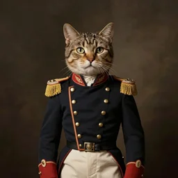 an old portrait of a cat wearing commander clothing from the 1700s, high resolution