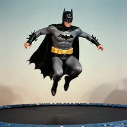 Adam West Batman jumping on trampoline, vintage photography