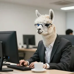 photo of Llama in an office, wearing a suit and spectacles, looking at a computer, coffee mug, 50mm, beautiful photo