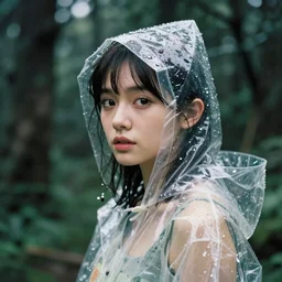 Cinestill 50d, 8K, highly detailed, studio ghibli totoro style 3/4 extreme closeup portrait, eye contact, focus on clear transparent raincoat girl model, tilt shift zaha hadid style forest background: famous blade runner remake, tokyo izakaya scene