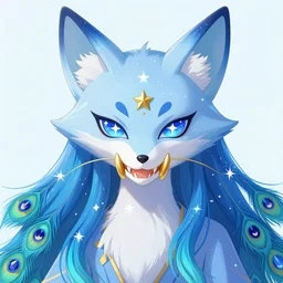 portrait from an anime of a humanoid ethereal colorful blue starry spirit fox peacock character with giant golden demonic fangs, wearing star filled mage robes, sitting in an illuminated space observatory at night, art by yuji ikehata, background art by miyazaki, realism, detailed, proper human proportions, fully clothed
