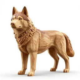 carved wooden husky, clean 3d render, full body, isolated on a pure white background, centered, entire subject in frame, sharp focus, soft studio lighting
