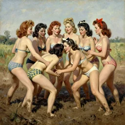 1940s group of pinup bikini girls wrestling in the mud, oil painting, by Gil Elvgren