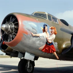 Christina Hendricks as a pinup girl painted on the side of a B-25 bomber. Vintage color photograph, WWII, aircraft nose art