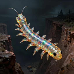 a gigantic colorful transparent centipede flying over a chasm, frills, fins, rainbow, antennae, dark, frank frazetta
