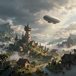 landscape an fantasy town in the sky and an airship flying towards it andreas rocha