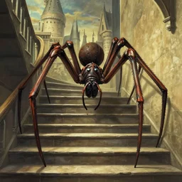 “a giant spider on MC Escher Hogwarts stairs by Junji Ito, detailed background, Hogwarts staircase”