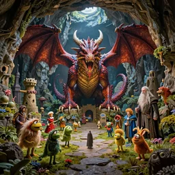 colorful and vibrant and provenance detailed octane render of a dragon cave and diorama of moria, balrog, gandalf, skyrim, detailed, by joop geesink, wes anderson, jim henson, brian froud, breathtaking, 8 k resolution, beautiful lighting, studio light, extremely detailed, establishing shot, realistic materials, hyperrealistic