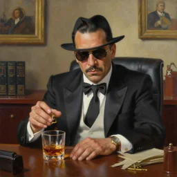 beautiful oil matte portrait painting : mafia boss. holding a glass of whiskey. at 5 0 s new york office desk. wonderful masterpiece. highly detailed, varied background