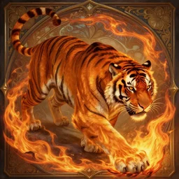 fire tiger doing tiger things but element of fire, deep focus, d & d, fantasy, intricate, elegant, highly detailed, digital painting, artstation, concept art, matte, sharp focus, illustration, hearthstone, art by artgerm and greg rutkowski and alphonse mucha