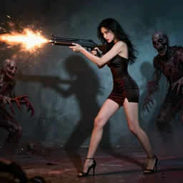 horror action photography, perfect gorgeous beautiful young woman in a sexy dress and high heels firing a machine gun at scary zombies, muzzle flash, intense lighting, intense shadows, diffusion mapping, 8 k - s 2 2 6 9 7 2 0 9 5 5
