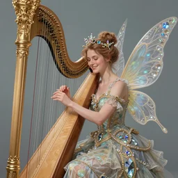 portrait of a fairy is playing the harp, dreamy and ethereal, happy expression, ornate frilly dress, fantasy, intricate, elegant, colored crystal, highly detailed, digital painting, artstation, concept art, smooth, sharp focus, illustration, art by artgerm and greg rutkowski and alphonse mucha