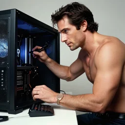 shirtless hunky henry cavill building a computer, detailed, by tom of finland