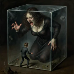 one tiny man being tormented by a giant crazy woman in a hellish cubic bubble, dark, disturbing, uneasy, unsettling, by hieronymus bosch, trending on artstation, trending on nightcafe, by alexander fedosa oil on canvas