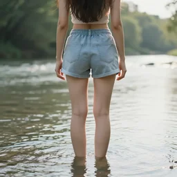 a woman, standing in a river, backlit, wearing shorts, backlit, photo by Marat Safin, Canon EOS R3, f/1.4, ISO 200, 1/160s, 8K, RAW, unedited, symmetrical balance, in-frame
