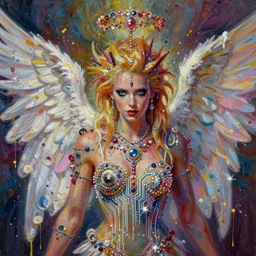 a punk angel rebelling from god, acrylic paint, oil paint, tempera paint, gouache paint, wet paint, dripping paint, splatter paint, spray paint, puffy paint, circuitry, bejeweled, glitter, sparkly, in a symbolic and meaningful style