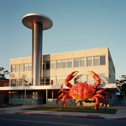 mid century office building with a tesla coil and a giant crab kodachrome sunshine