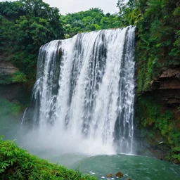a large waterfall surrounded by lush green trees, a matte painting by maud naftel, shutterstock contest winner, naturalism, photo taken with ektachrome, creative commons attribution, high dynamic range