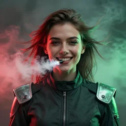 symmetry!!! closeup portrait of a cyborg vape girl, fashion racing jumpsuit with shiny shoulder pads, grin, cinematic light, windy, red green, volumetric smoke, mist, by gerald brom, by mikhail vrubel, by peter elson, muted colors, extreme detail, trending on artstation, 8 k