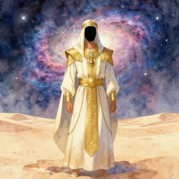 faceless male bedouin warrior, highly detailed, nebula, galaxy, desert, gold filigree, romantic storybook fantasy, soft cinematic lighting, award, disney concept art watercolor illustration by mandy jurgens and alphonse mucha and alena aenami, pastel color palette, featured on artstation