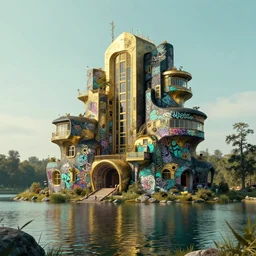 photo hyper realistic concept architecture art house solarpunk in the funny big lake, graffiti style futuriste brutalism, gold and black turquoise ratio, octane render excellent composition style alphosne mucha