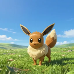 Eevee on an open field, clear blue sky, green grass