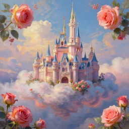 a fairytale castle in the air surrounded by clouds, rose, colorful, oil painting, light effect, lots of detail, 4 k, macro lens, octane rendering, by jenny mati, artstation