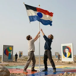 two models hoist a flag up a pole in an abstract landscape by james jean and luc tuymans and beeple and hernan bas and pat steir and hilma af klint, psychological, 3 d, dripping paint, high quality render, masterpiece