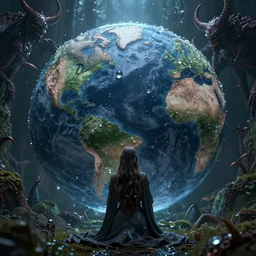 in world of dew, and within every dewdrop a world of struggle., fantasy intricate elegant in prayer and demons under, lush volumetric lighting 3 d modelling