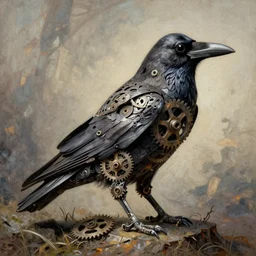 artistic drawing of a crow, made of engrenage by zdzisław beksinski, symbolist, visionary, detailed, realistic, surreality