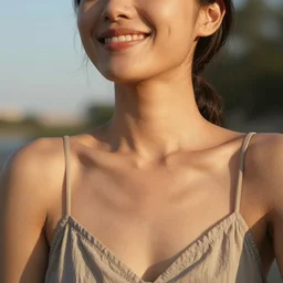 olive skinned female model in her thirties, wearing sundress, no jewelry, focused on neck, photo realistic, extreme detail skin, natural beauty, joyful, no filter, slr, golden hour, 4 k, high definition, selfie