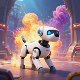 a robot dog in a futuristic arena, digital art, epic composition, fantasy cyberpunk, explosion of color, highly detailed, artstation