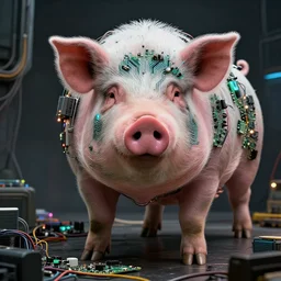 a portrait photograph of a big aggressive male cyberpunk pig, circuit boards, motherboard, mainboard, wires, cable management, electrical wires, activity lights, cyberpunk, artstation, detail, hyperrealistic, digital photograph, natural light canon eos c 3 0 0, ƒ 1. 8, 3 5 mm, 8 k