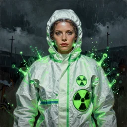 ultra realistic portrait painting of amy adams in a hazmat suit surrounded by glowing green radiation, art by frank frazetta, vintage levi ’ s ad, stormy weather, dark vibes, 4 k, ultra realistic, highly detailed, epic lighting