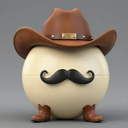 cream colored ball with a mustache, cowboy hat and cowboy boots