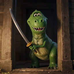 movie still, screenshot from film, barney the dinosaur hiding in the shadows holding a katana, ready to kill, horror thriller movie, promotional, directed by m night shyamalan