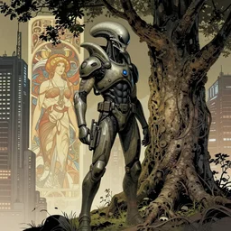 comic book illustration, alien soldier stands besides the last living tree in the city, cyberpunk concept art by artgerm and Alphonse Mucha and Moebius, highly detailed, intricate, sci-fi, sharp focus, Trending on Artstation HQ, deviantart