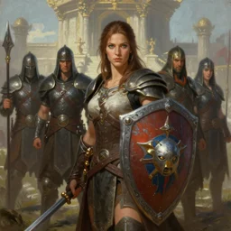 a painting of a woman holding a shield, four warriors in the background, temple in the background, concept art by michael komarck, trending on artstation, fantasy art, detailed painting, concept art, 2 d game art