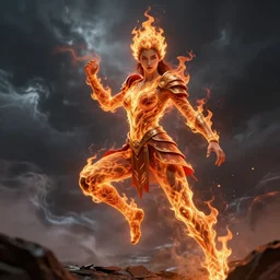 fire goddess, skin of flames, body made of fire, wearing armor, rampaging, stormy background, forest fire, breathing fire, fire in hand, concept art, tiny person watching, artstation, 4k