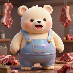 highly detailed, digital art, pixiv fanbox, trending on artstation, ray tracing, volumetric lighting, sharp focus, akihito tsukashi style, cute bear sumo chubby wearing overalls, smiling bloody mouth and teeth, pastel muted color scheme, iridescent and pearlescent, rustic, red dead redemption, by akihito tsukashi, meat butchery, po