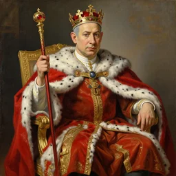 A painting of Benjamin Netanyahu sitting in a golden chair wearing a red furred cape and a crown holding a royal ornate rod by Jan Van Eyck