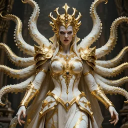 a photo of 8 k ultra realistic angry corrupted lovecraftian royal golden humanoid queen, 8 intricate white and gold tentacles, face enhance, ornate white and gold armour, cinematic lighting, trending on artstation, 4 k, hyperrealistic, focused, extreme details, unreal engine 5, cinematic, masterpiece