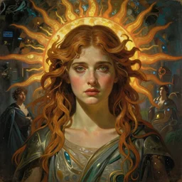 stunning, breathtaking, awe-inspiring award-winning concept art nouveau painting of attractive Mackenzie Foy as the goddess of the sun, with anxious, piercing eyes, by Alphonse Mucha, Michael Whelan, William Adolphe Bouguereau, John Williams Waterhouse, and Donato Giancola, cyberpunk, extremely moody lighting, glowing light and shadow, atmospheric, cinematic, 8K