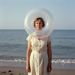middle aged woman with an inflatable head and normal body, wearing a dress, at the seaside, 1976 French film, archival footage, technicolor film expired film