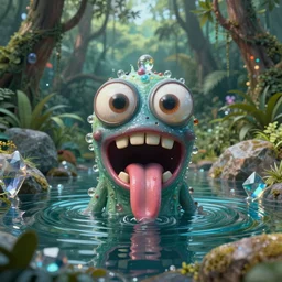 of an intricate rainforest crystal rocky lake with strange cute goofy creatures with huge eyes, long tongue, square teeth and funny face appearing from the water, in the style of jeff koons, macro lens, shallow depth of field, highly detailed, digital painting, trending artstation, concept art, illustration, cinematic lighting, vibrant colors, photorealism, epic, octane render