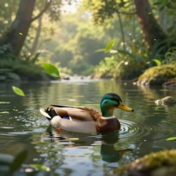 a duck swimming on a river, with green leaves blowing up, golden hour time, high - resolution, digital art, trending on artstation, river inside a jungle