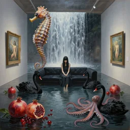 painting of a flooded nagasaki art gallery, black lounge, a tall emo girl, art gallery interior, waterfall, sensual, seahorse, pomegranates, berries, octopus, zen, black swans, surrealist, by magritte and monet